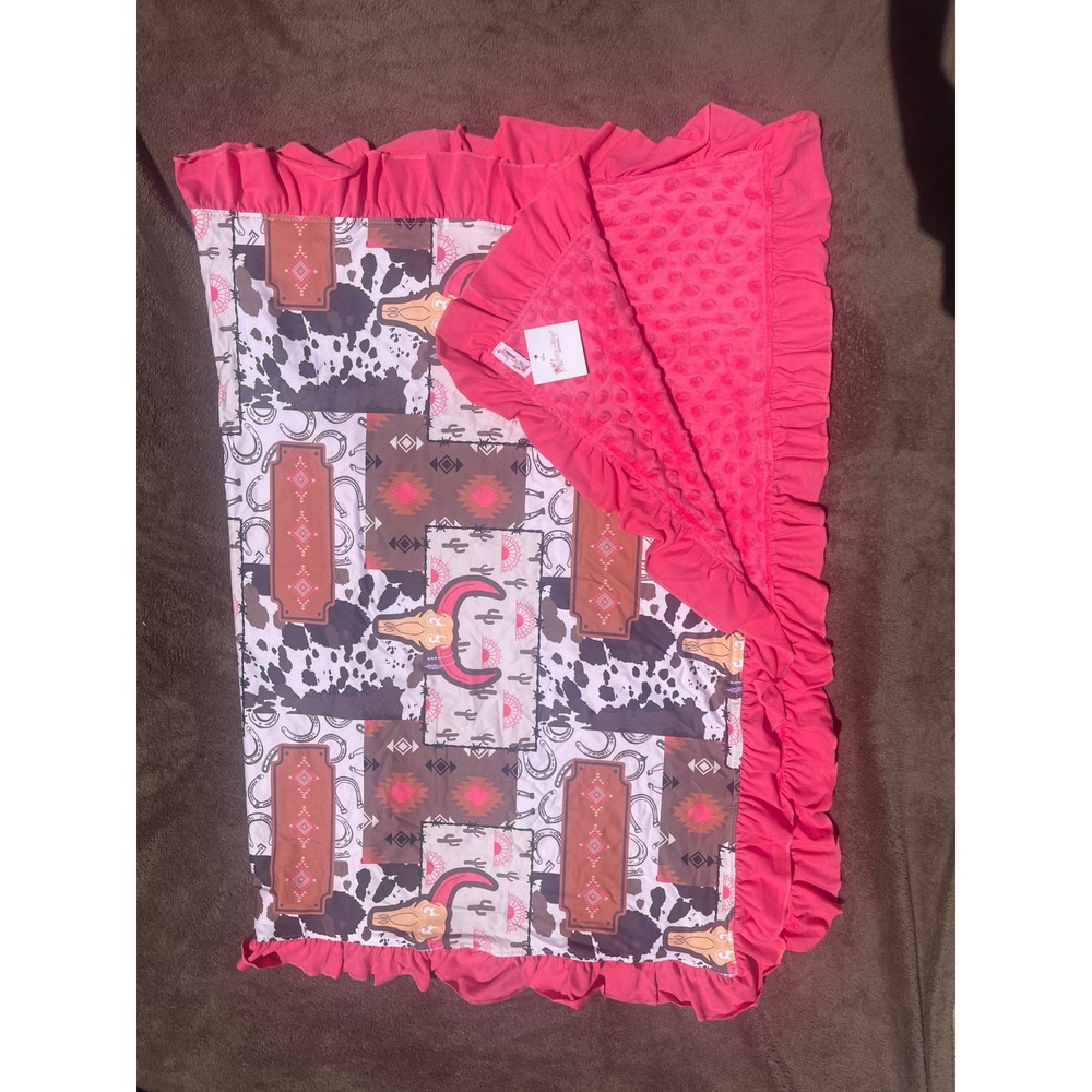 Western Cowgirl Baby Blanket Pink Cow Skull Cactus Bamboo Minky Ruffle NWT
